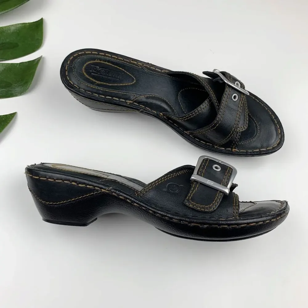 Born Sandals Black Leather Slip On Adjustable Strap Women's 9